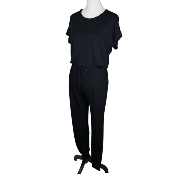 Splendid Flora Soft Black Knit Short Sleeve Elastic Waist Jogger Jumpsuit Lounge - Picture 6 of 14